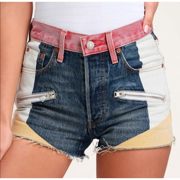 Levi's 501 Premium High Rise Colorblock Moto Denim Shorts Size 32 - Picture 1 of 5